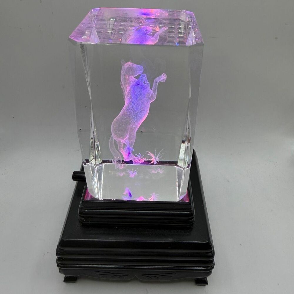 Laser Cut Lighted Horse Paperweight Art Clear Glass Lighted Base Vintage